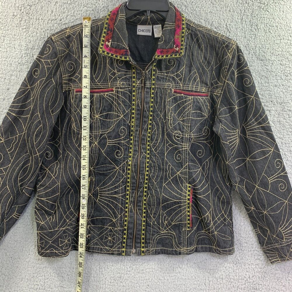 Chicos Denim Jacket Tribal Art Zip Cotton sz 2/ Large 12 Embroidered - Picture 2 of 13